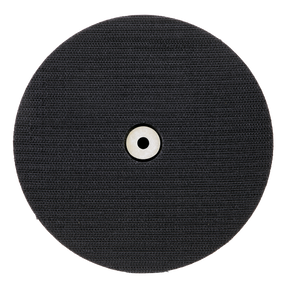 A close-up of Sealey's Hook-and-Loop Backing Pad - M6 Ø150mm (model PTC150M6), a black circular abrasive disc with a small central hole, showcasing its versatile design for Ø150mm hook-and-loop discs.