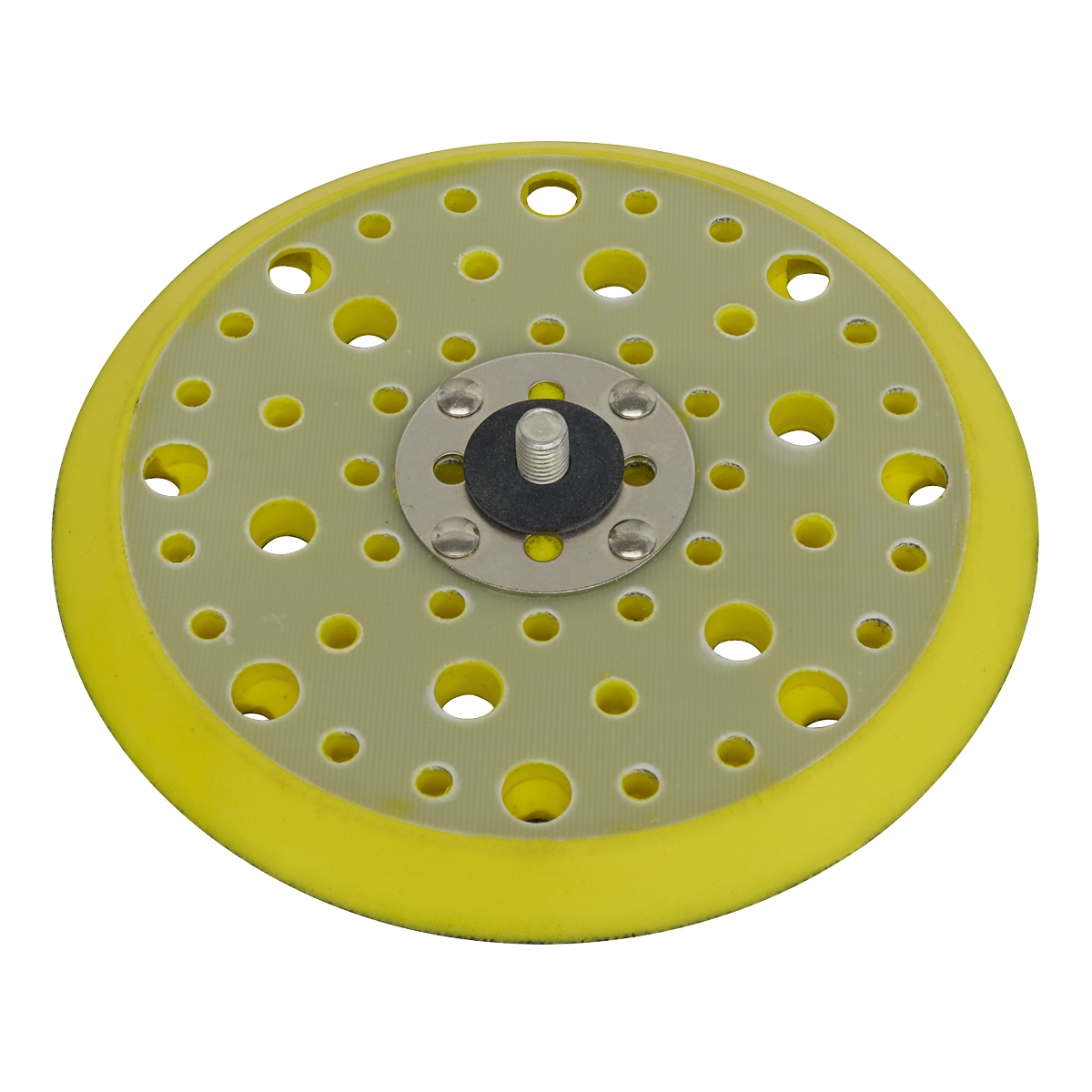 The Sealey DA Dust-Free Multi-Hole Backing Pad for Hook-and-Loop Discs Ø150mm 5/16"UNF - PTC150MH is a round, yellow sanding pad featuring multiple holes for dust extraction, a central mounting bolt, and a metal plate in the middle. It is compatible with both air and electric tools.