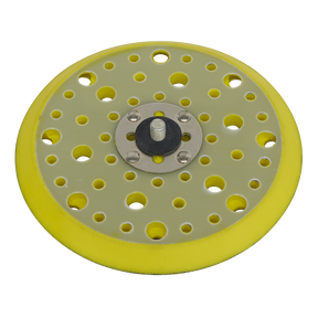 The Sealey DA Dust-Free Multi-Hole Backing Pad for Hook-and-Loop Discs Ø150mm 5/16"UNF - PTC150MH is a round, yellow sanding pad featuring multiple holes for dust extraction, a central mounting bolt, and a metal plate in the middle. It is compatible with both air and electric tools.
