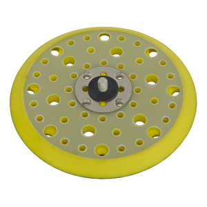 The Sealey DA Dust-Free Multi-Hole Backing Pad for Hook-and-Loop Discs Ø150mm 5/16"UNF - PTC150MH is a round, yellow sanding pad featuring multiple holes for dust extraction, a central mounting bolt, and a metal plate in the middle. It is compatible with both air and electric tools.