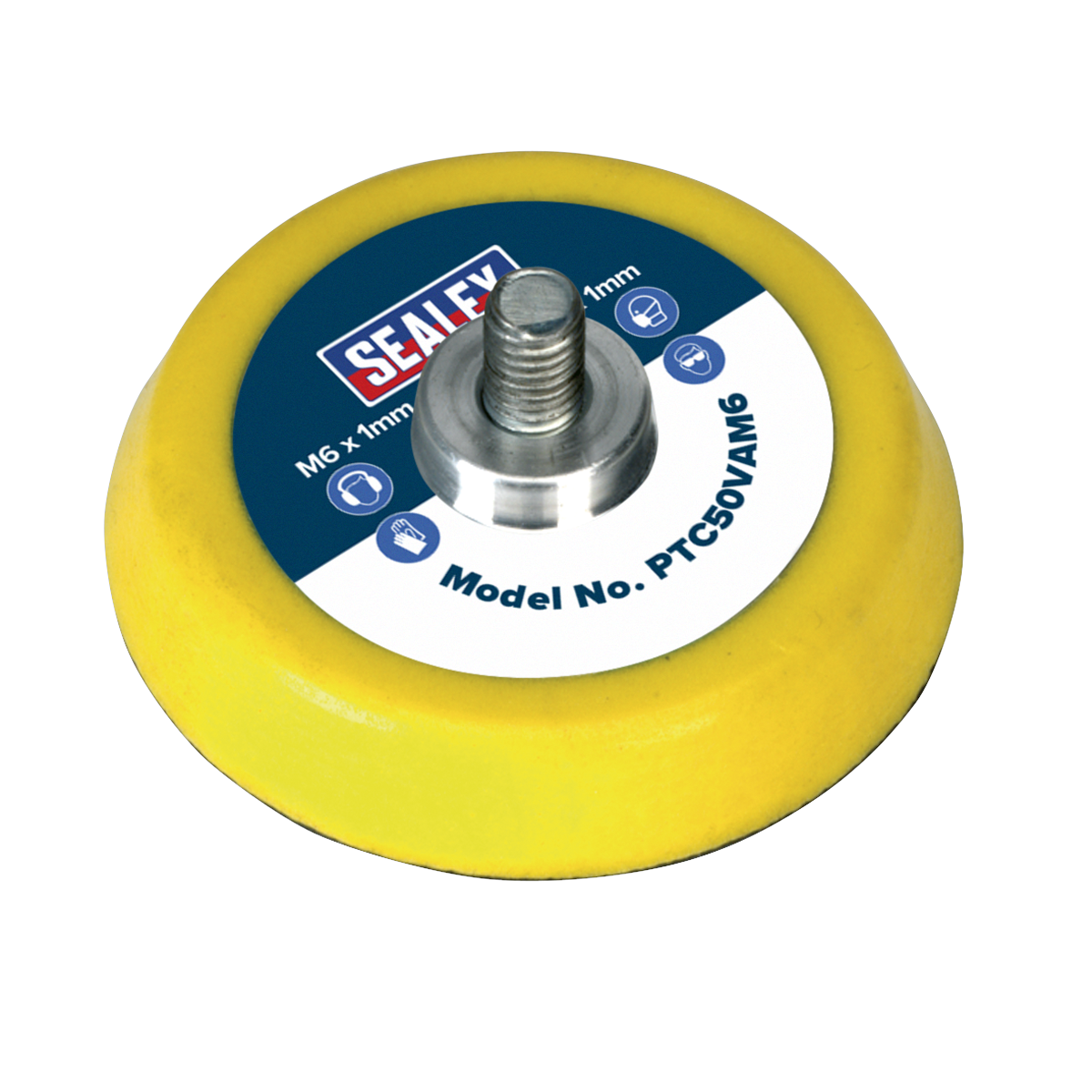 A round yellow polishing pad with a silver bolt in the center and a blue-and-white label featuring the brand name Sealey and model number PTC50VAM6. Perfectly compatible with air and electric tools, this pad has an M6 x 1mm thread, making it ideal for use with Ø50mm Hook-and-Loop Discs.