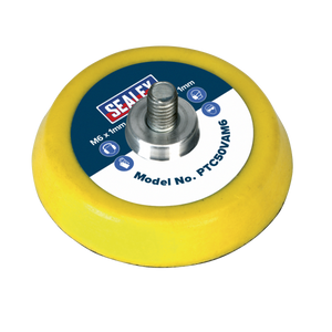 A round yellow polishing pad with a silver bolt in the center and a blue-and-white label featuring the brand name Sealey and model number PTC50VAM6. Perfectly compatible with air and electric tools, this pad has an M6 x 1mm thread, making it ideal for use with Ø50mm Hook-and-Loop Discs.