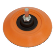 The Sealey Hook-and-Loop Backing Pad Ø75mm 6mm Shaft - PTC75HLM features a central metal hub and bolt, making it suitable for attachment to air and electric tools. Ideal for sanding or polishing surfaces, this pad is compatible with hook-and-loop discs for quick changes.