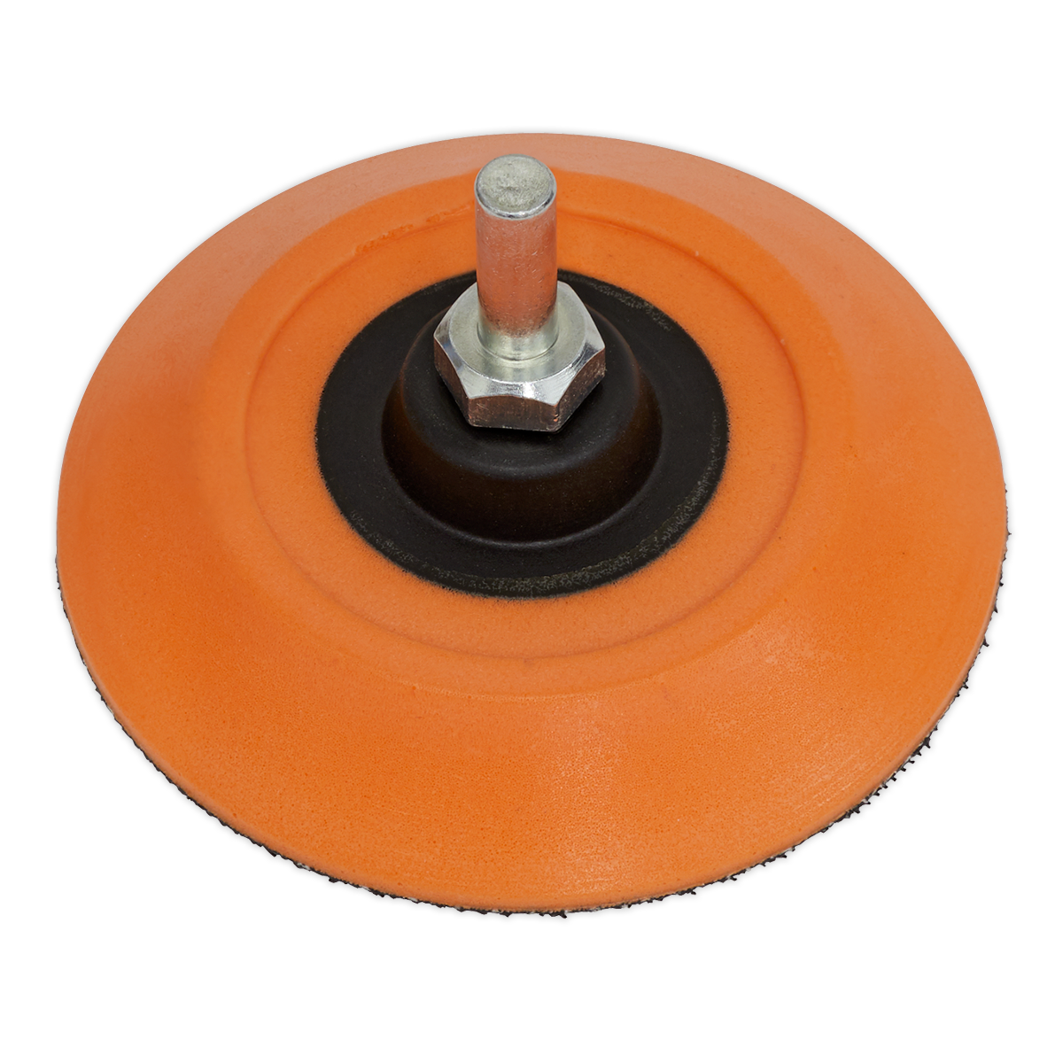 The Sealey Hook-and-Loop Backing Pad Ø75mm 6mm Shaft - PTC75HLM features a central metal hub and bolt, making it suitable for attachment to air and electric tools. Ideal for sanding or polishing surfaces, this pad is compatible with hook-and-loop discs for quick changes.