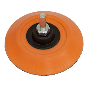 The Sealey Hook-and-Loop Backing Pad Ø75mm 6mm Shaft - PTC75HLM features a central metal hub and bolt, making it suitable for attachment to air and electric tools. Ideal for sanding or polishing surfaces, this pad is compatible with hook-and-loop discs for quick changes.
