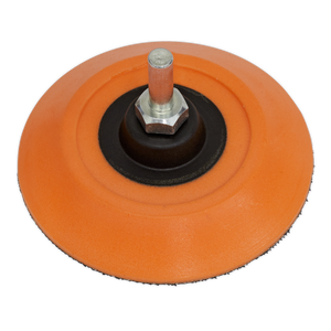 The Sealey Hook-and-Loop Backing Pad Ø75mm 6mm Shaft - PTC75HLM features a central metal hub and bolt, making it suitable for attachment to air and electric tools. Ideal for sanding or polishing surfaces, this pad is compatible with hook-and-loop discs for quick changes.