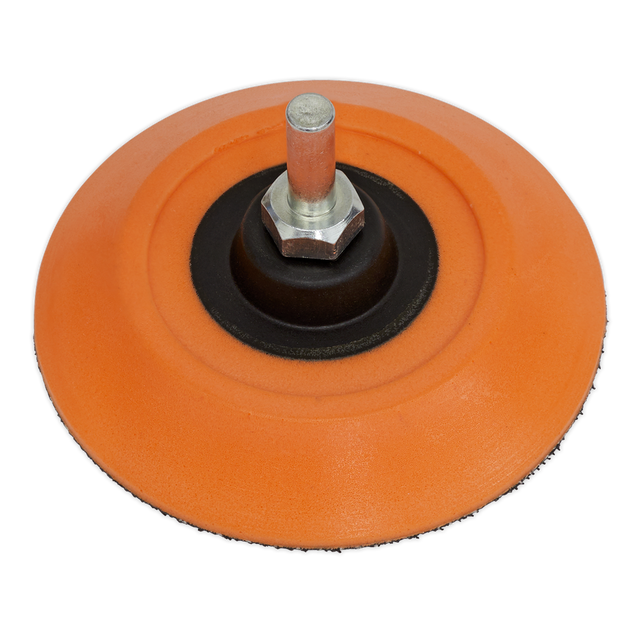 The Sealey Hook-and-Loop Backing Pad Ø75mm 6mm Shaft - PTC75HLM features a central metal hub and bolt, making it suitable for attachment to air and electric tools. Ideal for sanding or polishing surfaces, this pad is compatible with hook-and-loop discs for quick changes.