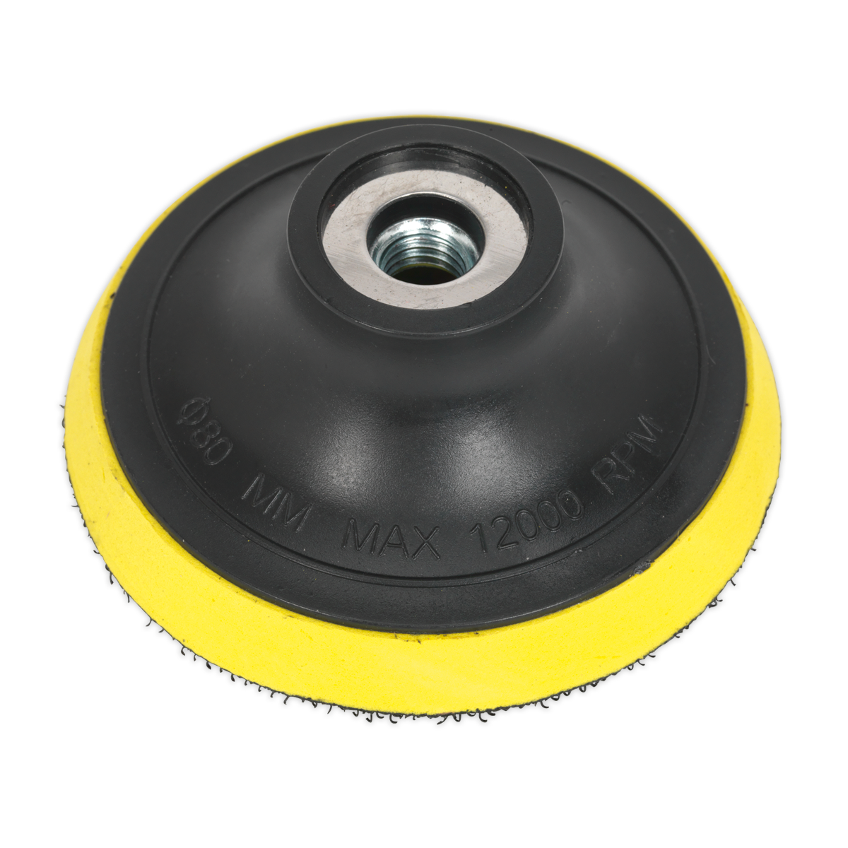 An image of a black and yellow Hook-and-Loop Backing Pad Ø75mm M10 x 1.5mm - PTC75VM10 by Sealey, featuring a threaded center for attaching to power tools, labeled with "Max 12000 RPM". This versatile backing pad is designed for compatibility with hook-and-loop backed polishing foam heads, offering efficiency and ease of use.