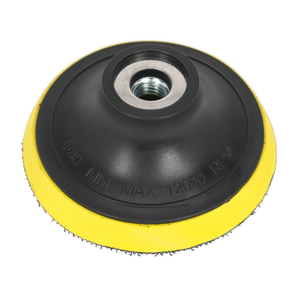 An image of a black and yellow Hook-and-Loop Backing Pad Ø75mm M10 x 1.5mm - PTC75VM10 by Sealey, featuring a threaded center for attaching to power tools, labeled with "Max 12000 RPM". This versatile backing pad is designed for compatibility with hook-and-loop backed polishing foam heads, offering efficiency and ease of use.