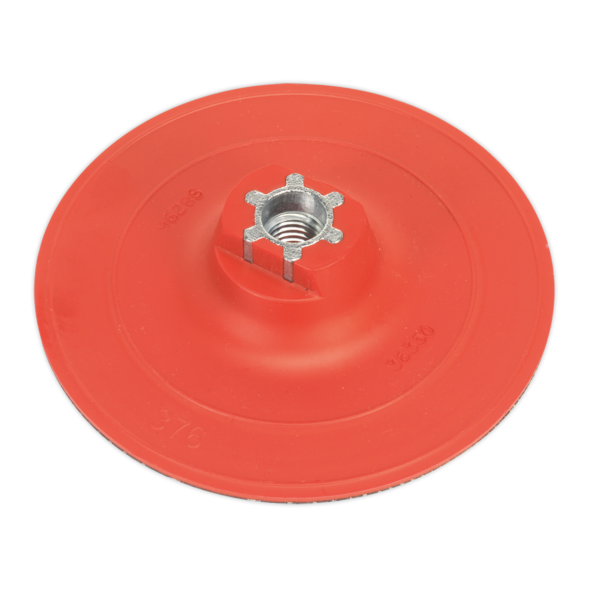 The Sealey Hook-and-Loop Backing Pad Ø120mm M14 x 2mm - PTCBPV3 is a versatile red plastic circular accessory with a metallic threaded center hole, designed for attachment purposes.