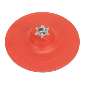 The Sealey Hook-and-Loop Backing Pad Ø120mm M14 x 2mm - PTCBPV3 is a versatile red plastic circular accessory with a metallic threaded center hole, designed for attachment purposes.