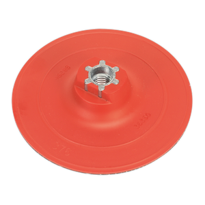 The Sealey Hook-and-Loop Backing Pad Ø120mm M14 x 2mm - PTCBPV3 is a versatile red plastic circular accessory with a metallic threaded center hole, designed for attachment purposes.