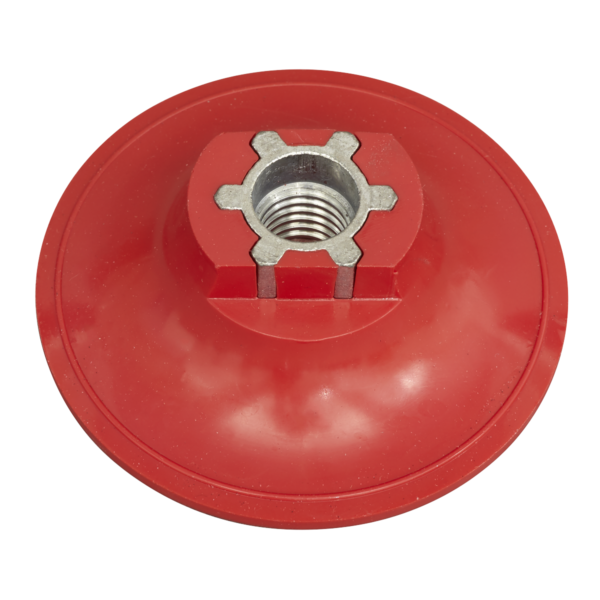 The Hook-and-Loop Backing Pad Ø75mm M14 x 2mm - PTCBPV4 by Sealey is a red circular metal part, 75mm in diameter, featuring an M14 thread at its center, designed as a versatile backing pad for attaching to compatible tools or devices.