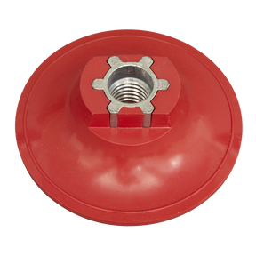 The Hook-and-Loop Backing Pad Ø75mm M14 x 2mm - PTCBPV4 by Sealey is a red circular metal part, 75mm in diameter, featuring an M14 thread at its center, designed as a versatile backing pad for attaching to compatible tools or devices.