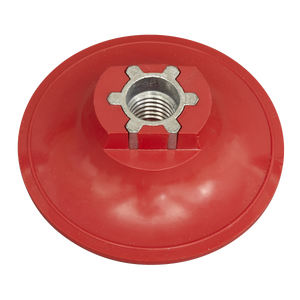 The Hook-and-Loop Backing Pad Ø75mm M14 x 2mm - PTCBPV4 by Sealey is a red circular metal part, 75mm in diameter, featuring an M14 thread at its center, designed as a versatile backing pad for attaching to compatible tools or devices.