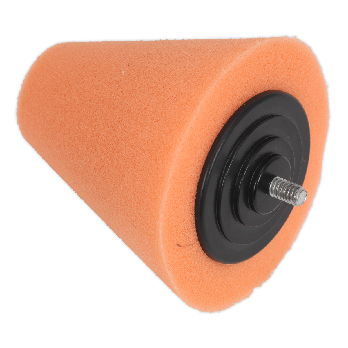 The Sealey Buffing & Polishing Foam Cone Orange/Firm - PTCCHC85O features an orange foam cone with a black plastic base and a metal screw protruding from the bottom, making it ideal for reaching tight spaces on alloy wheels.