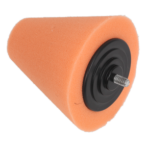 The Sealey Buffing & Polishing Foam Cone Orange/Firm - PTCCHC85O features an orange foam cone with a black plastic base and a metal screw protruding from the bottom, making it ideal for reaching tight spaces on alloy wheels.