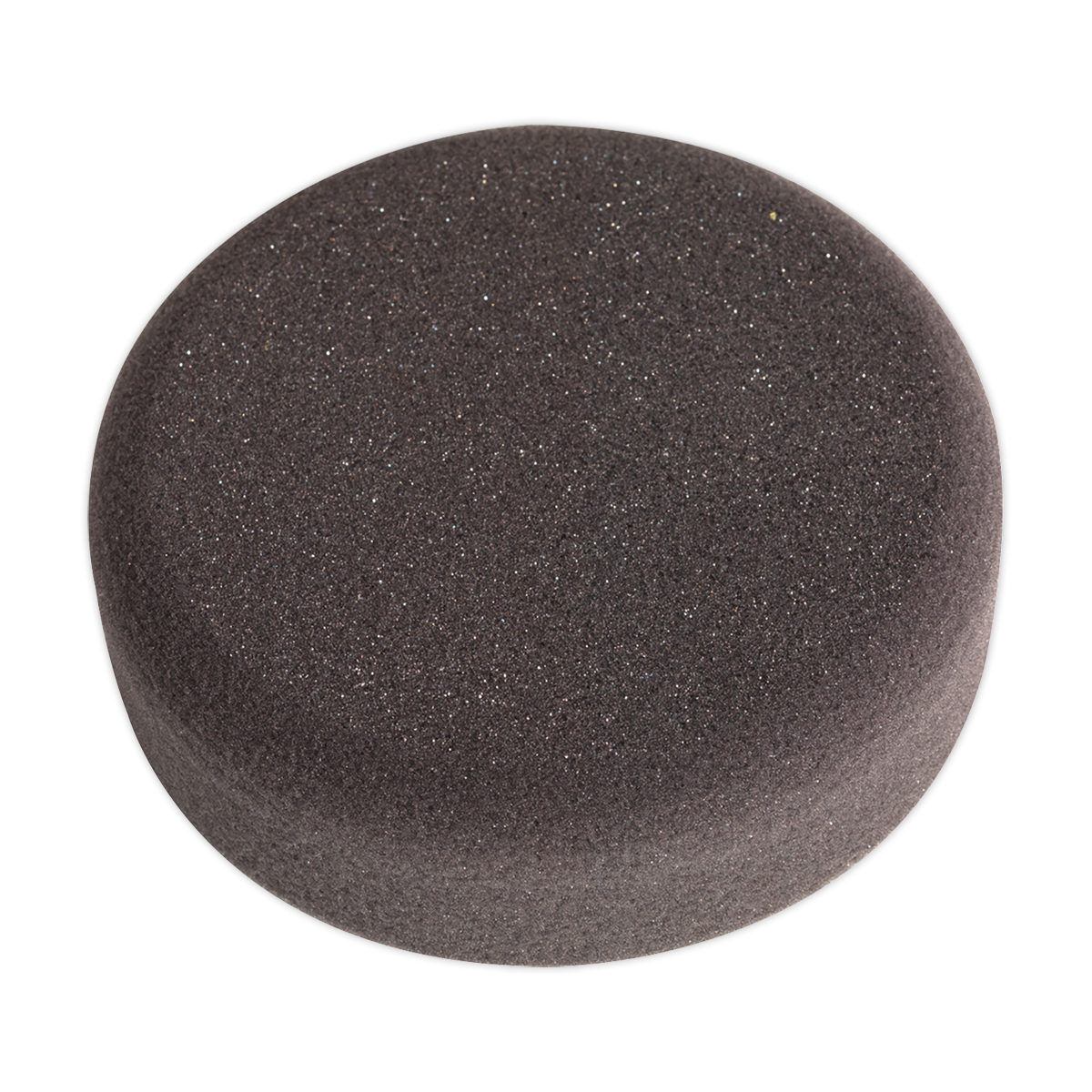 The circular Buffing & Polishing Foam Head Hook-and-Loop Ø150 x 50mm Black/Soft - PTCCHV150P by Sealey features a dark grey premium foam pad with a smooth, slightly textured surface against a transparent background, making it ideal for buffing and polishing.