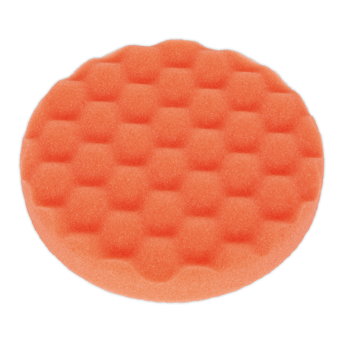 A Buffing & Polishing Foam Head from Sealey, characterized by its round shape, firm density orange foam, and honeycomb texture, featuring a Hook & Loop attachment system with dimensions Ø150 x 25mm.