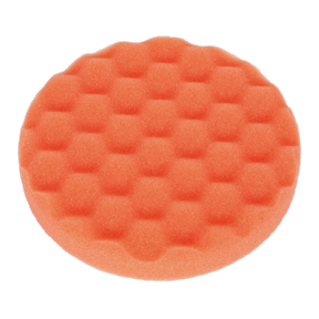 A Buffing & Polishing Foam Head from Sealey, characterized by its round shape, firm density orange foam, and honeycomb texture, featuring a Hook & Loop attachment system with dimensions Ø150 x 25mm.