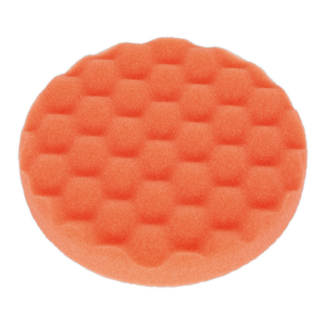 A Buffing & Polishing Foam Head from Sealey, characterized by its round shape, firm density orange foam, and honeycomb texture, featuring a Hook & Loop attachment system with dimensions Ø150 x 25mm.