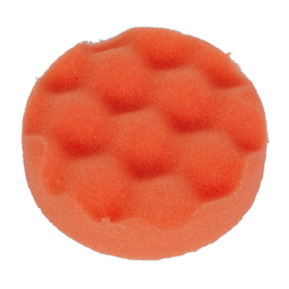 Introducing the Buffing & Polishing Foam Head Hook-and-Loop Ø80 x 25mm Orange/Firm - PTCCHW80O by Sealey, a premium compounding head that features an orange, circular abrasive pad with a distinctive textured, wavy surface.