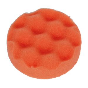 Introducing the Buffing & Polishing Foam Head Hook-and-Loop Ø80 x 25mm Orange/Firm - PTCCHW80O by Sealey, a premium compounding head that features an orange, circular abrasive pad with a distinctive textured, wavy surface.