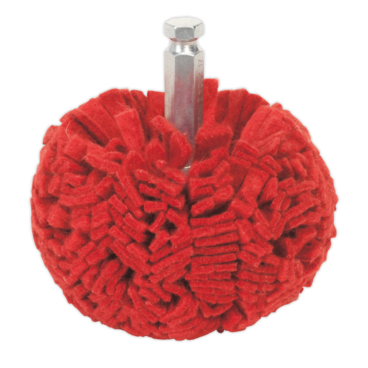 The Sealey Polishing Ball Ø100mm - PTCPB100 features a red color, abrasive non-woven fabric with dense, rounded bristles and a metal shank for easy attachment to air or electric drills, making it perfect for cleaning alloy wheels.