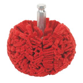 The Sealey Polishing Ball Ø100mm - PTCPB100 features a red color, abrasive non-woven fabric with dense, rounded bristles and a metal shank for easy attachment to air or electric drills, making it perfect for cleaning alloy wheels.