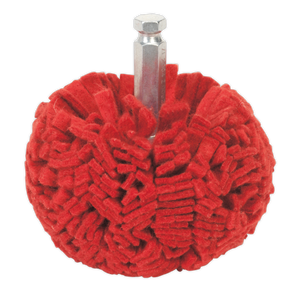 The Sealey Polishing Ball Ø100mm - PTCPB100 features a red color, abrasive non-woven fabric with dense, rounded bristles and a metal shank for easy attachment to air or electric drills, making it perfect for cleaning alloy wheels.