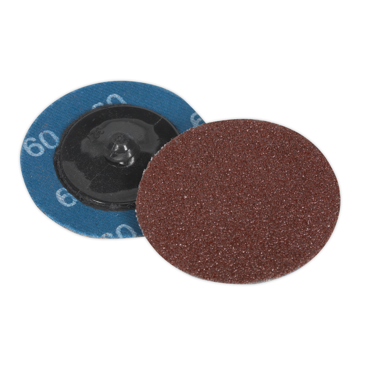 Two Sealey Quick-Change Sanding Discs Ø50mm 60 Grit, with one showing the abrasive surface and the other revealing the back featuring a central attachment point. Perfect for use with air mini sanders.