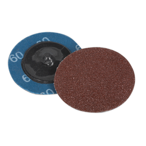 Two Sealey Quick-Change Sanding Discs Ø50mm 60 Grit, with one showing the abrasive surface and the other revealing the back featuring a central attachment point. Perfect for use with air mini sanders.