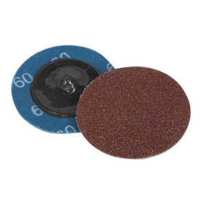 Two Sealey Quick-Change Sanding Discs Ø50mm 60 Grit, with one showing the abrasive surface and the other revealing the back featuring a central attachment point. Perfect for use with air mini sanders.