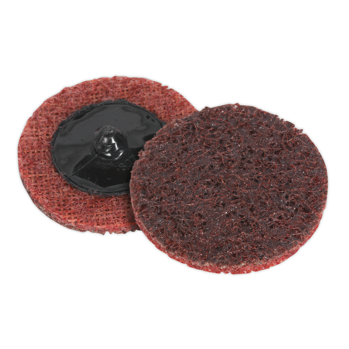 Two Quick-Change Preparation Pads (Sealey PTCQC50M) with red-brown textured surfaces are shown. One pad faces up displaying the textured side, while the other exposes the black mounting hub on its back. Ideal for use with air mini sanders, these Ø50mm medium pads ensure efficient surface prepping. Pack of 10.