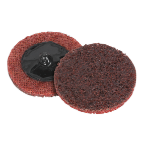 Two Quick-Change Preparation Pads (Sealey PTCQC50M) with red-brown textured surfaces are shown. One pad faces up displaying the textured side, while the other exposes the black mounting hub on its back. Ideal for use with air mini sanders, these Ø50mm medium pads ensure efficient surface prepping. Pack of 10.