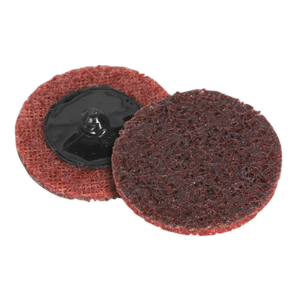 Two Quick-Change Preparation Pads (Sealey PTCQC50M) with red-brown textured surfaces are shown. One pad faces up displaying the textured side, while the other exposes the black mounting hub on its back. Ideal for use with air mini sanders, these Ø50mm medium pads ensure efficient surface prepping. Pack of 10.