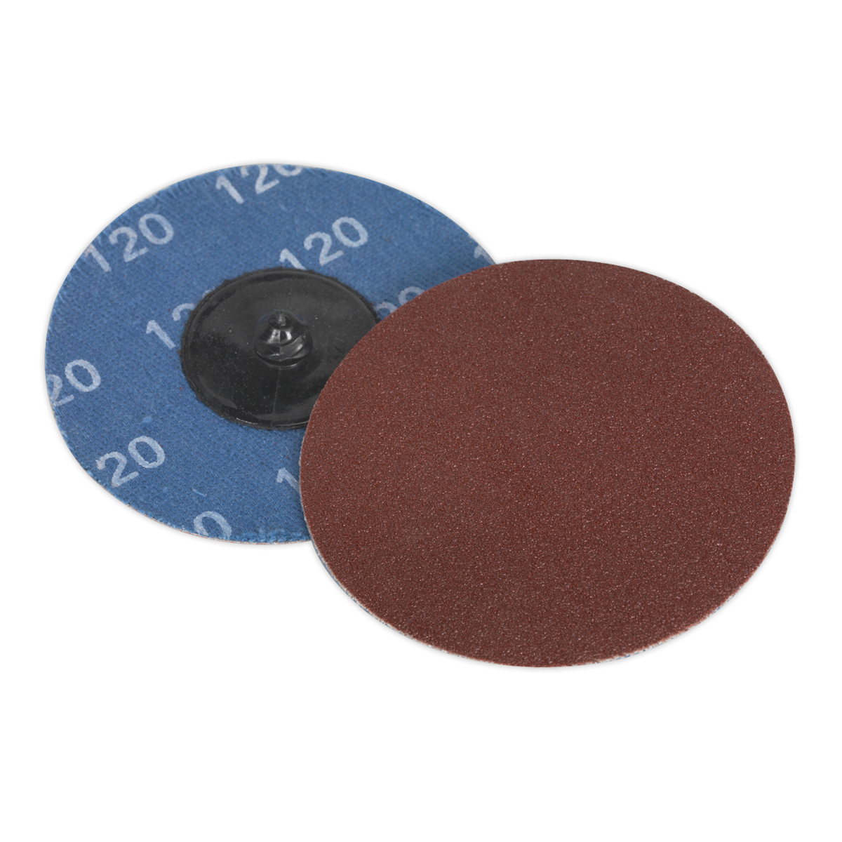 Two Quick-Change Sanding Discs from Sealey, one with a brown abrasive surface and the other displaying the blue backside marked with "120" grit, ideal for air mini sanders.