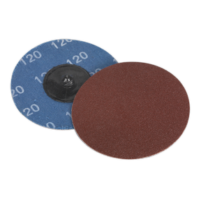 Two Quick-Change Sanding Discs from Sealey, one with a brown abrasive surface and the other displaying the blue backside marked with "120" grit, ideal for air mini sanders.