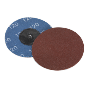 Two Quick-Change Sanding Discs from Sealey, one with a brown abrasive surface and the other displaying the blue backside marked with "120" grit, ideal for air mini sanders.