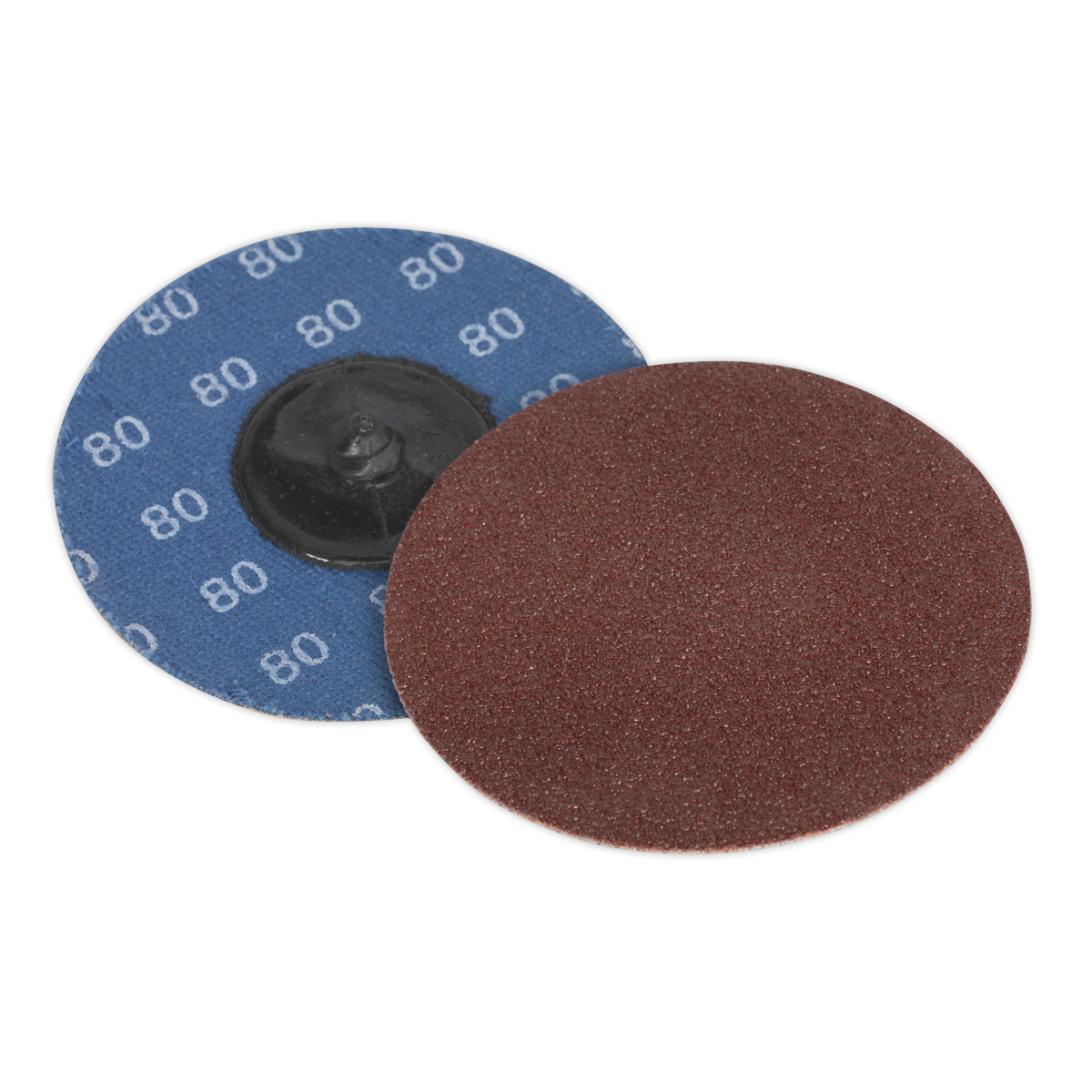 Two Quick-Change Sanding Discs, ideal for air mini sanders—one showcasing the grit number "80Grit" on its blue backing and the other revealing its reddish-brown abrasive surface, from Sealey’s Ø75mm 80Grit Pack of 10 (PTCQC7580).