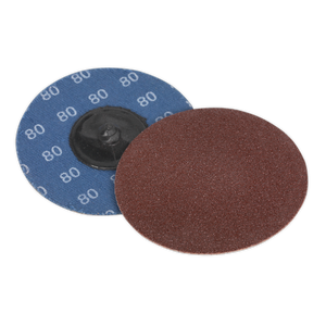 Two Quick-Change Sanding Discs, ideal for air mini sanders—one showcasing the grit number "80Grit" on its blue backing and the other revealing its reddish-brown abrasive surface, from Sealey’s Ø75mm 80Grit Pack of 10 (PTCQC7580).