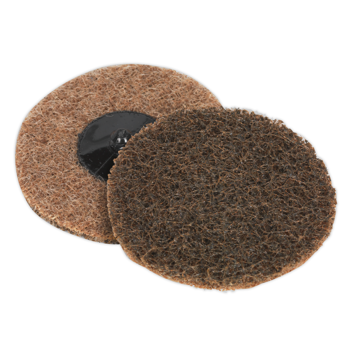 Image of two Sealey Quick-Change Preparation Pads (Ø75mm, Coarse) from pack PTCQC75C; one pad is facing up and the other down, highlighting their coarse texture and central attachment hole. These pads are ideal for use with Sealey air mini sanders.