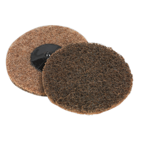 Image of two Sealey Quick-Change Preparation Pads (Ø75mm, Coarse) from pack PTCQC75C; one pad is facing up and the other down, highlighting their coarse texture and central attachment hole. These pads are ideal for use with Sealey air mini sanders.