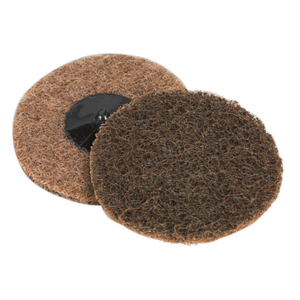 Image of two Sealey Quick-Change Preparation Pads (Ø75mm, Coarse) from pack PTCQC75C; one pad is facing up and the other down, highlighting their coarse texture and central attachment hole. These pads are ideal for use with Sealey air mini sanders.