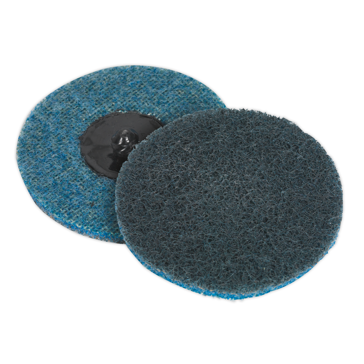 Two circular Quick-Change Preparation Pads Ø75mm Fine from Sealey, one blue and one black, are displayed side by side on a white background. Ideal as preparation pads for a fine finish, they can be used with an air mini sander to achieve professional results. Available in packs of 10 (PTCQC75F).