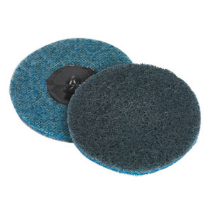 Two circular Quick-Change Preparation Pads Ø75mm Fine from Sealey, one blue and one black, are displayed side by side on a white background. Ideal as preparation pads for a fine finish, they can be used with an air mini sander to achieve professional results. Available in packs of 10 (PTCQC75F).