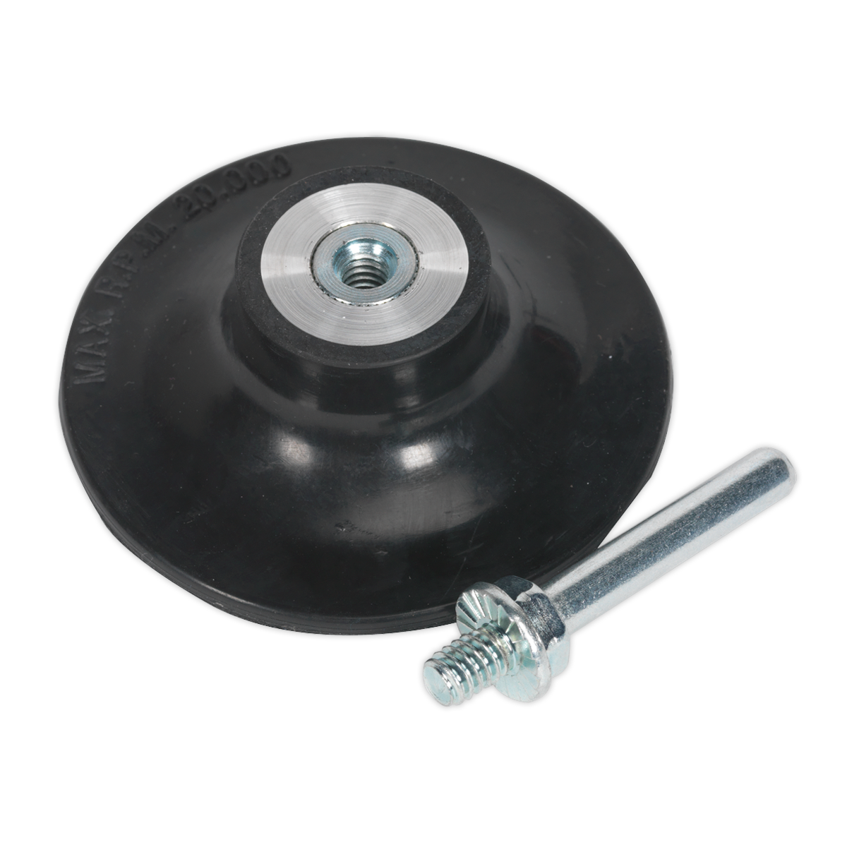 A black suction cup dent puller with a metal screw attachment next to it, accompanied by Sealey's Quick-Change Backing Pad Ø75mm 1/4"UNC (PTCQCBP75) for efficient use.