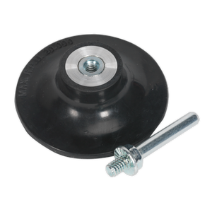 A black suction cup dent puller with a metal screw attachment next to it, accompanied by Sealey's Quick-Change Backing Pad Ø75mm 1/4"UNC (PTCQCBP75) for efficient use.