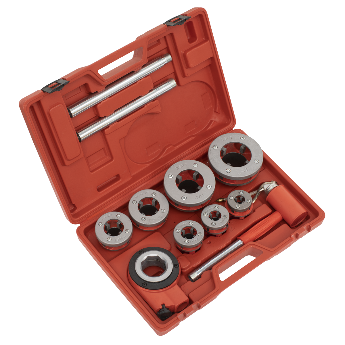 A red plastic toolbox featuring Sealey's Pipe Threading Set 7pc 3/8"-2"BSPT - PTK992, complete with metal circular dies, tap handles, and various neatly arranged tools—a perfect ratchet-type pipe threading kit.