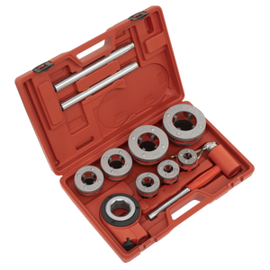 A red plastic toolbox featuring Sealey's Pipe Threading Set 7pc 3/8"-2"BSPT - PTK992, complete with metal circular dies, tap handles, and various neatly arranged tools—a perfect ratchet-type pipe threading kit.